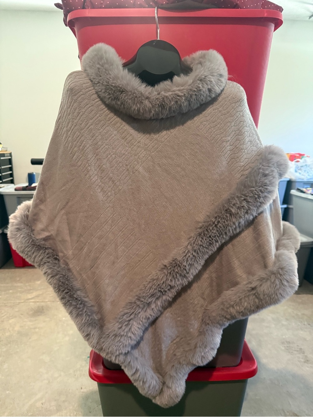 Faux Fur Trim Taupe Poncho Sweater p73